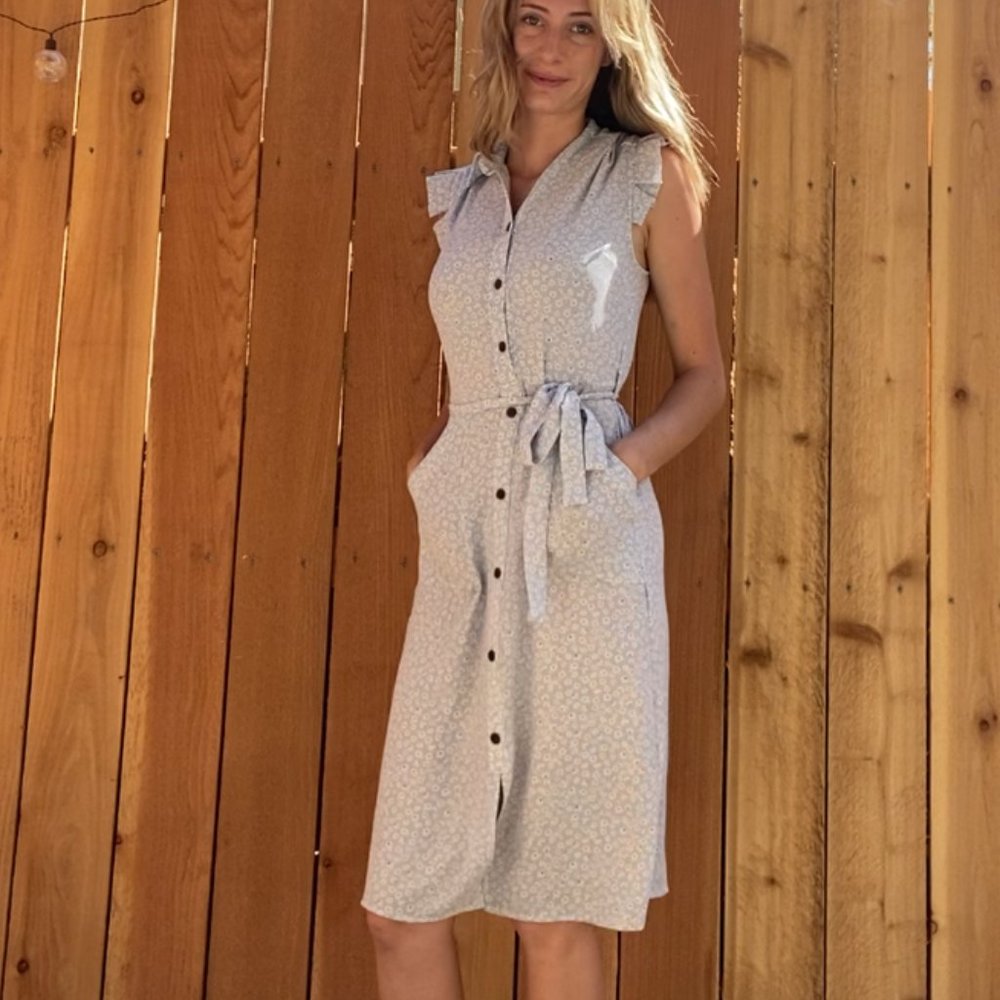 Monteau Light Blue and White Floral Dress with Pockets & Tie Ruffle Shoulder